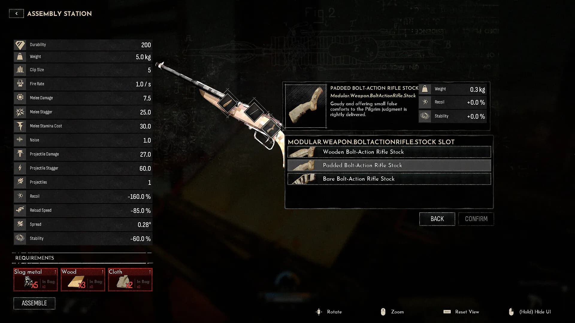 An assembly-station interface displaying weapon crafting information in Frostrail.